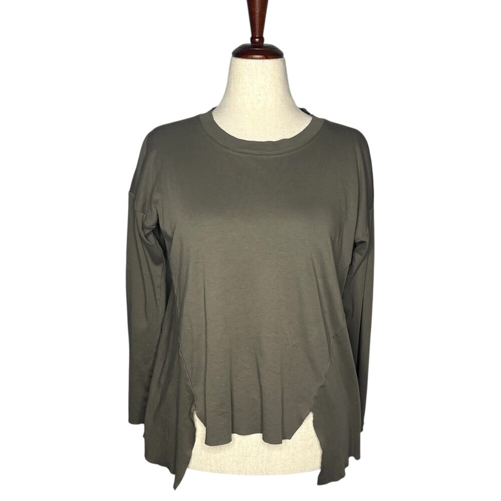 Planet by Lauren G Top Womens O/S Taupebr Shark Bite Crew Neck Peruvian Cotton
